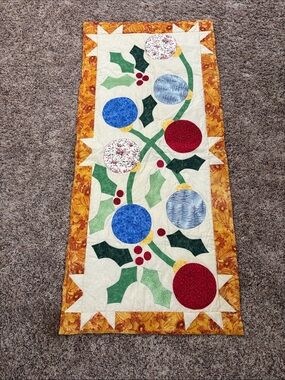 Hand Crafted Holiday Table Runner in Red, Blue, Green and Gold